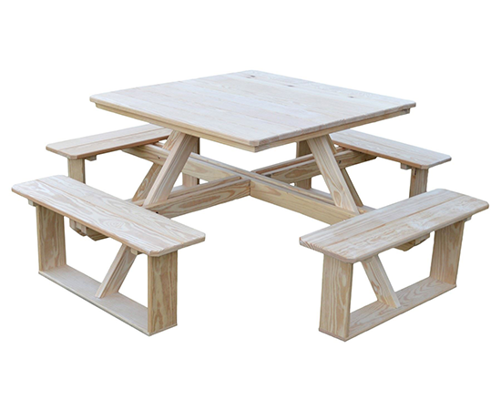 Walk-in picnic table with open seating layout and wooden construction allowing direct access from multiple sides